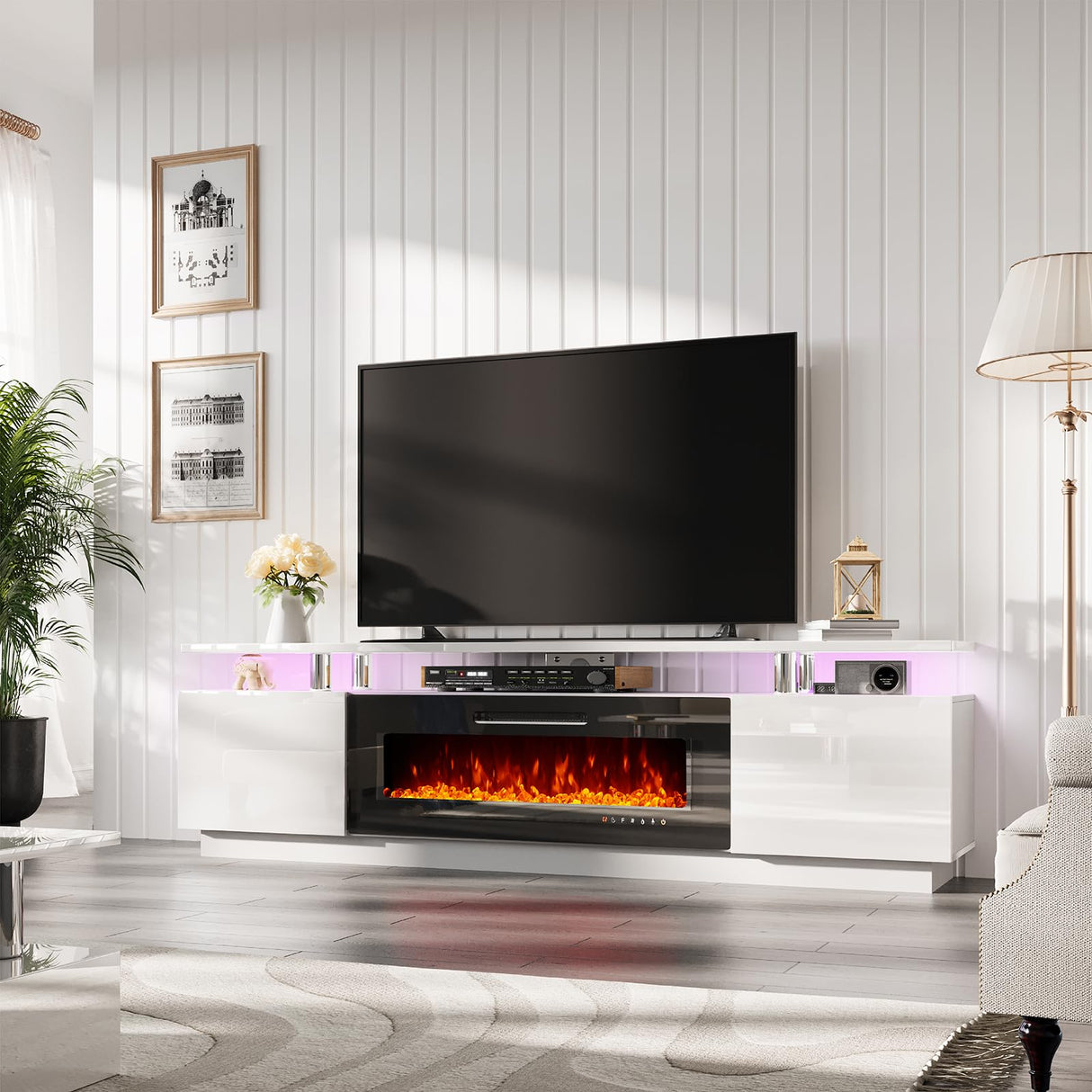 AMERLIFE Fireplace TV Stand with 40" Fireplace, 80" Modern High Gloss Fireplace Entertainment Center LED Lights, 2 Tier TV Console Cabinet for TVs Up to 90", Ivory White AMERLIFE