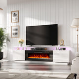 AMERLIFE Fireplace TV Stand with 40" Fireplace, 80" Modern High Gloss Fireplace Entertainment Center LED Lights, 2 Tier TV Console Cabinet for TVs Up to 90", Ivory White AMERLIFE
