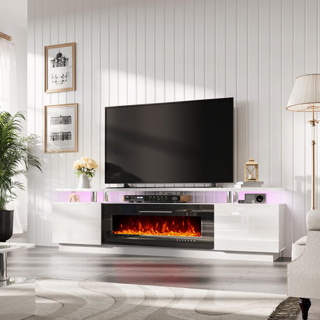 AMERLIFE Fireplace TV Stand with 40" Fireplace, 80" Modern High Gloss Fireplace Entertainment Center LED Lights, 2 Tier TV Console Cabinet for TVs Up to 90", Ivory White AMERLIFE