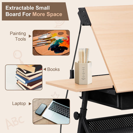 ZENY Adjustable Drafting Table with Stool, Tilting Drawing Desk Artist Table with Storage Drawers, Art Craft Workstation for Home Office Reading, Writing, Crafting (Brown-with Outlet) ZENY
