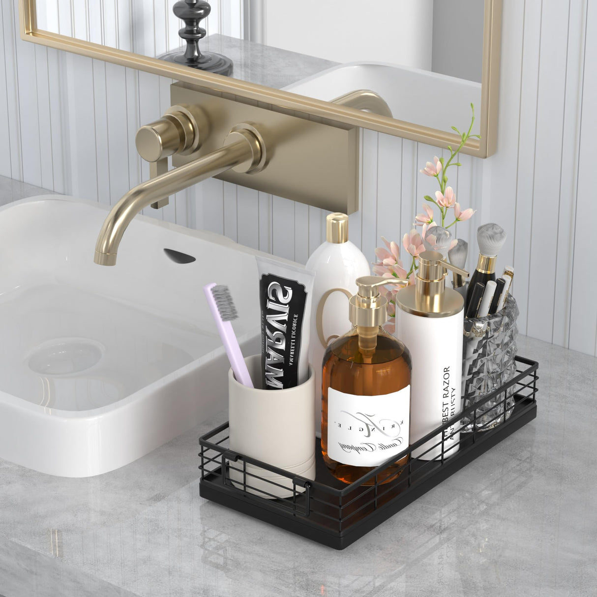 JNFUZ Toilet Paper Basket, 13 Inch Oak and Iron Tank Tray Top of Toilet Storage Toiletries Organizer for Bathroom, Living Room and Kitchen (Black) JNFUZ