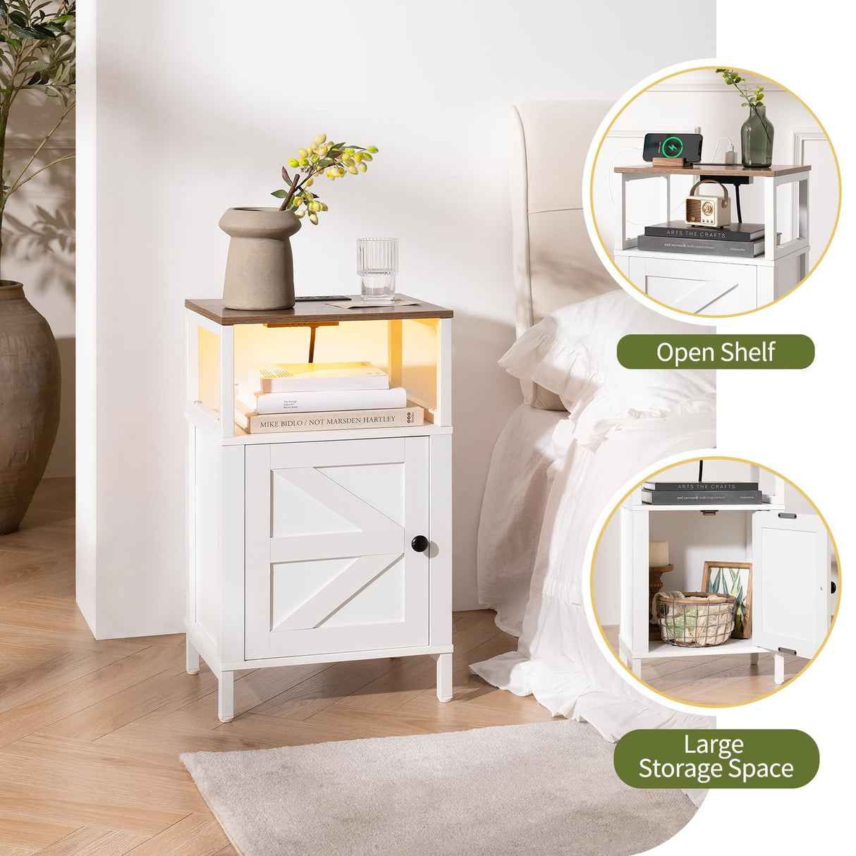 Yoobure Farmhouse Nightstand with Charging Station, Wood Night Stand End Table with USB Ports, LED Bed Side Table with Storage Cabinet, Bedside Table for Bedroom, Living Room White Yoobure