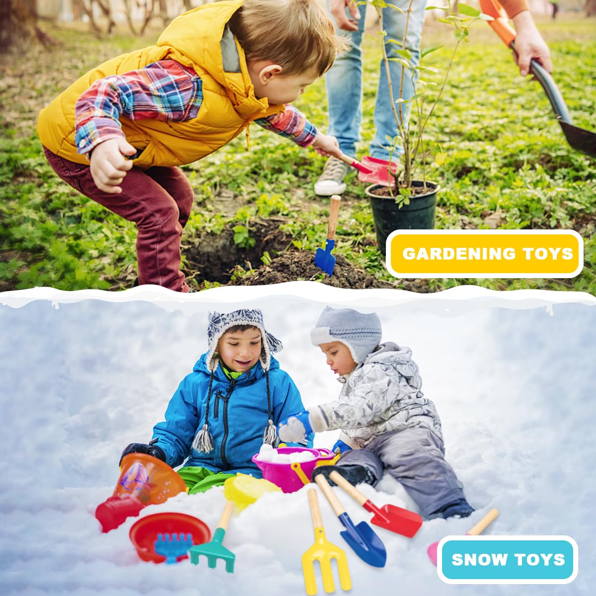 WEILAIDI Beach Toys,5 Pcs Children Beach Sand Toys,8'' Kids Gardening Set Metal Garden Tools with Sturdy Wooden Handle,Safe Kids Shovel with Spoon, Fork, Rake, Flat Shovel & Pointed Shovel for Kids WEILAIDI