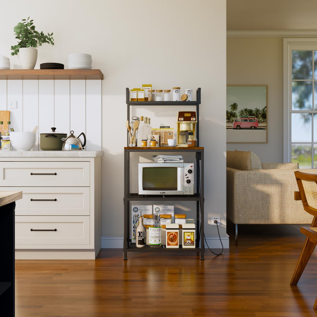 OIRBOEUS Oiboeus Kitchen Bakers Rack with Power Outlet Coffee Bar Station Microwave Stand Kitchen Microwave Rack Shelf Kitchen Shelf Rustic Brown OIRBOEUS