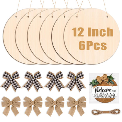 DIYDEC 6 Pack Round Wood for Crafts 12 Inch Unfinished Wood Slices Blank Wooden Door Hanger Sign Wooden Circles Discs with Bows Twine Glue Point for DIY Crafts Painting Christmas Home Holiday Decor