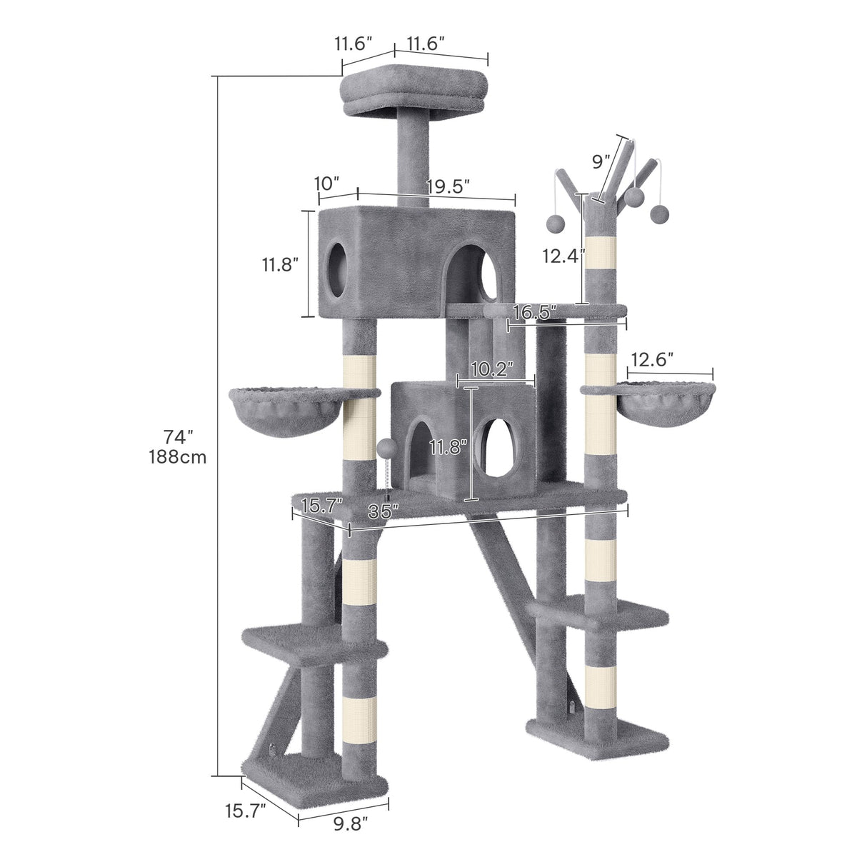 Homiflex Tall Cat Tree for Indoor Cats, 74" Multi-Level Cat Tower with Cat Condos, Plush Perches & Self-Cleaning Litter Box Base, Modern Cat Tree with Scratching Posts & Hammocks, Grey Homiflex