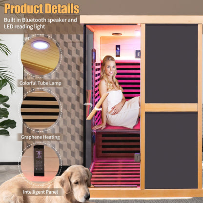 HOSAUNA Home Far Infrared 1980w Sauna, 2 Person Size Canadian Hemlock Wood Indoor Sauna Spa Center, remotely Controlled by APP