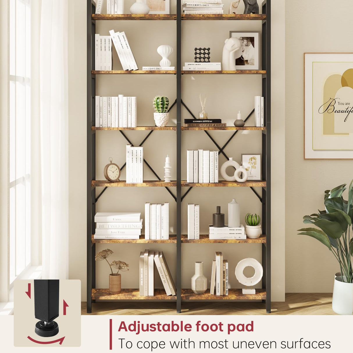 oneinmil Bookshelf 6 Tier, 71.5'' Industrial Wood Bookshelves, Book Shelf with 12 Open Display Shelves & Metal Frame, Tall Bookcase for Home and Office, Rustic Brown oneinmil