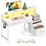 AODK 48-Inch Computer Desk with Fabric File Cabinet and Fabric Drawers, Reversible Office Desk with LED Strip and Power Strip, Gaming Desk with Monitor Riser, Writing/Study Table for Home, White AODK