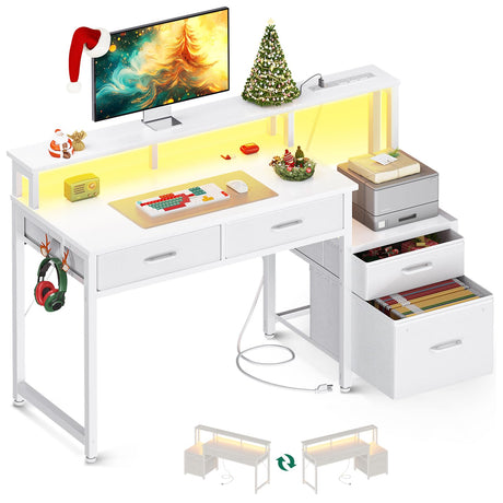 AODK 48-Inch Computer Desk with Fabric File Cabinet and Fabric Drawers, Reversible Office Desk with LED Strip and Power Strip, Gaming Desk with Monitor Riser, Writing/Study Table for Home, White AODK