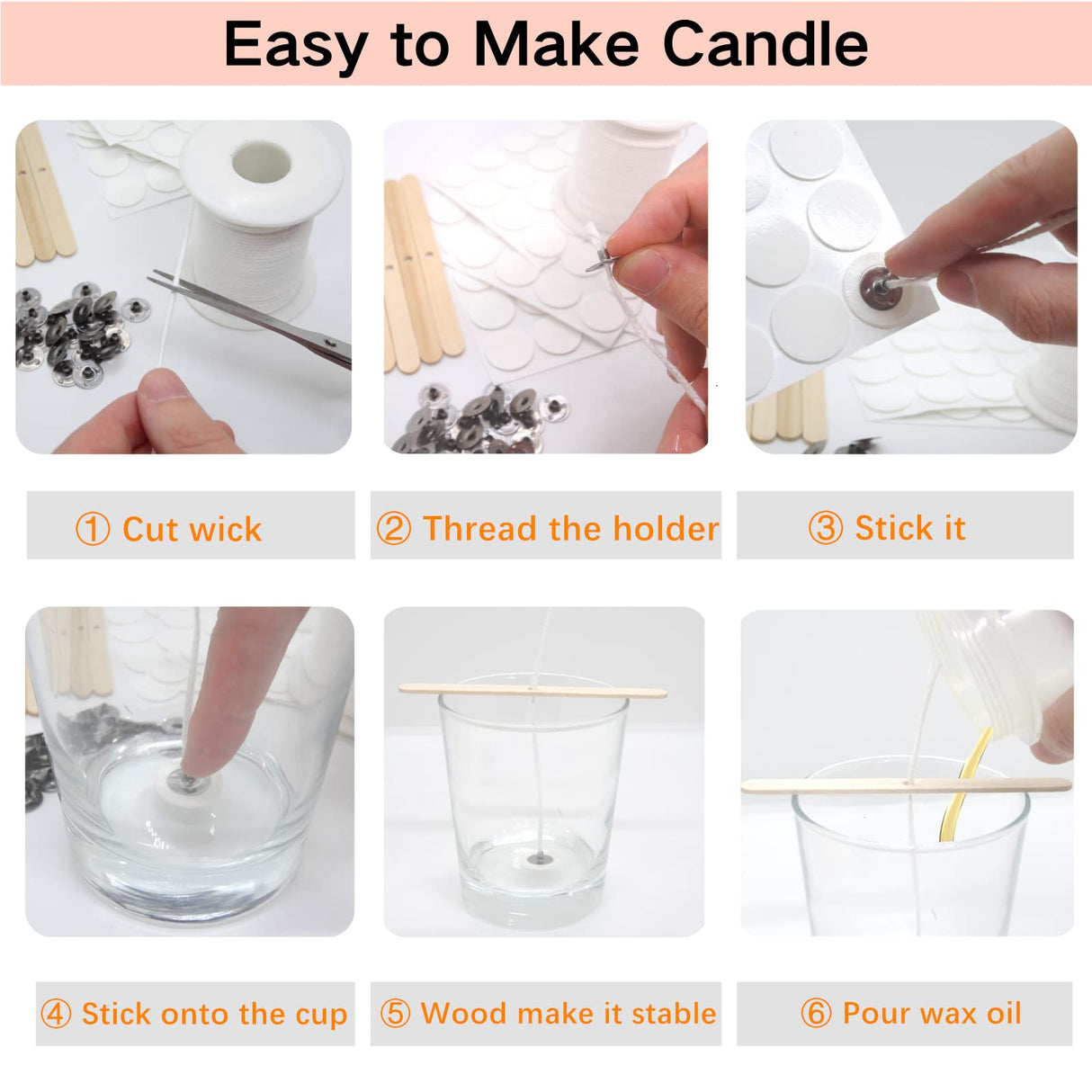 【200 Feet】Candle Wick Roll with 125 Pcs Metal Candle Wick Sustainer Tabs, 80Pcs Candle Wick Stickers and 5Pcs Wooden Candle Wick Centering Device, 61m Natural Cotton Candle Wicks for Candle Making Kit YinEpand