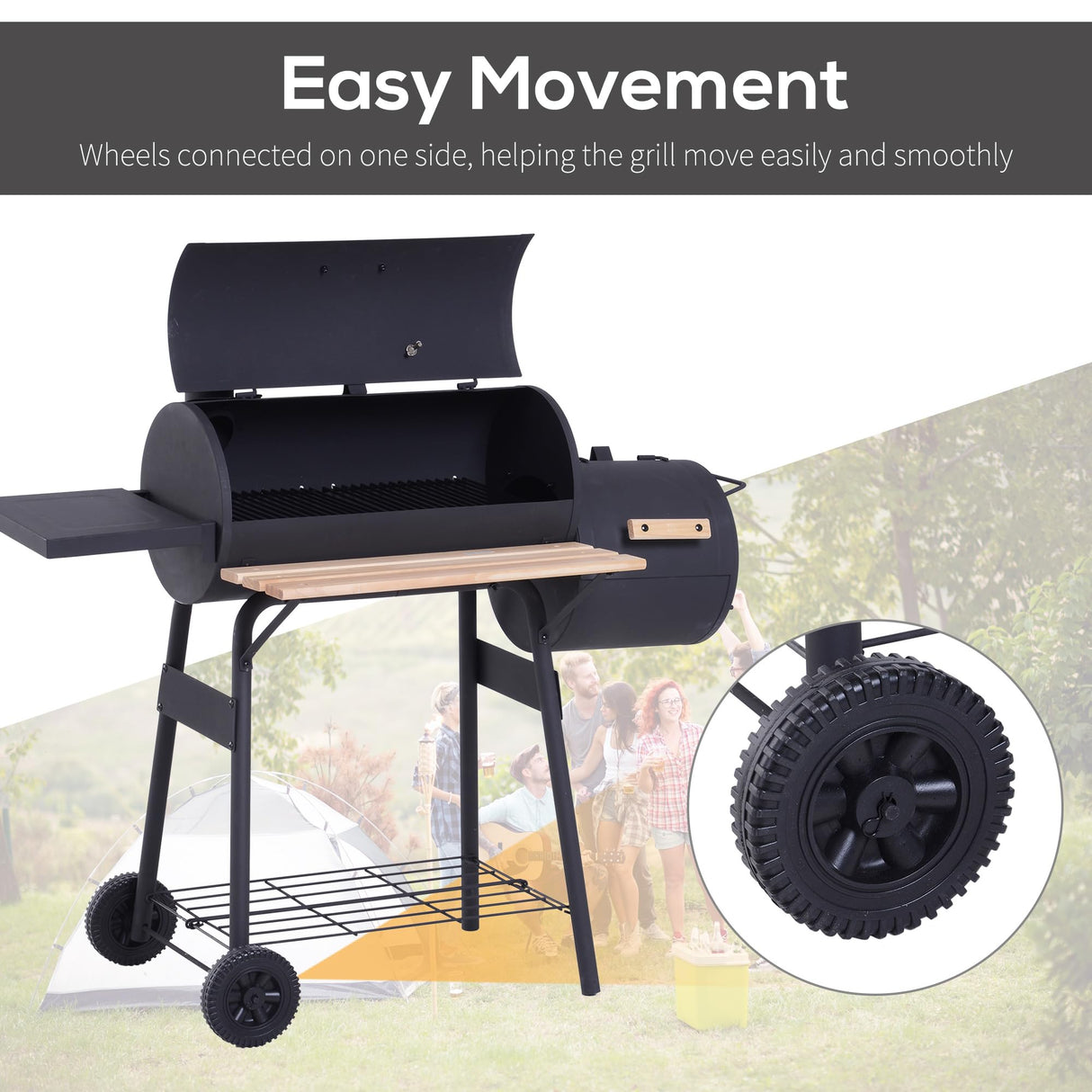 Outsunny 48" Portable Barrel Charcoal BBQ Grill, Steel Outdoor Barbecue Smoker with 232 Square Inches Cooking Space, Storage Shelf, Wheels for Garden Camping Picnic, Black Outsunny