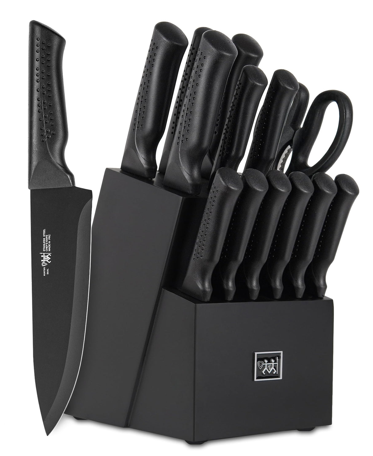 Knife Set, 15 Pcs Kitchen Knife Set with Block Self Sharpening, Dishwasher Safe, 6 Steak Knives, Anti-slip handle, Black Hundop