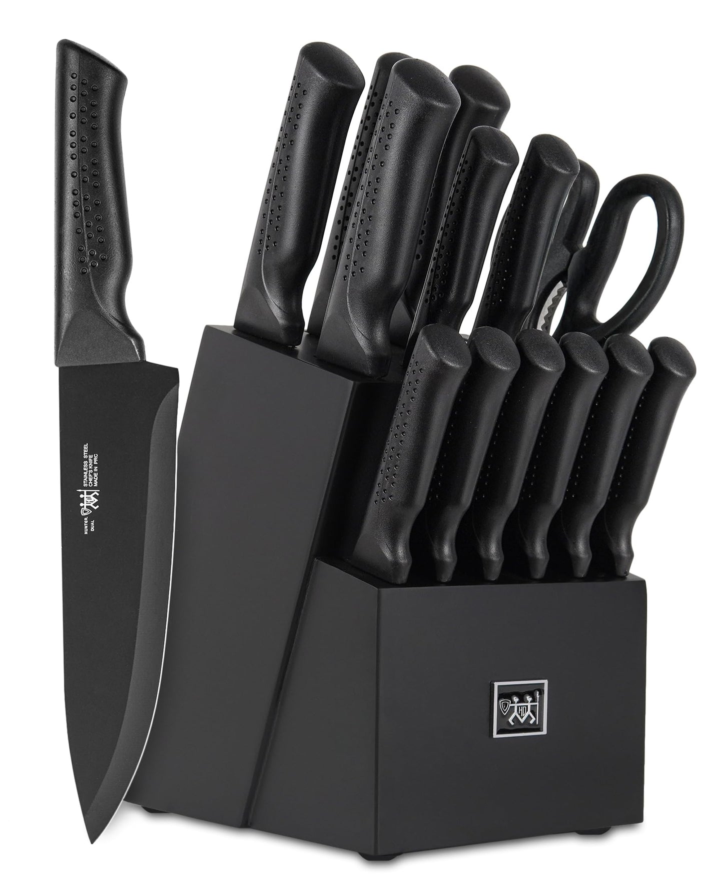 Knife Set, 15 Pcs Kitchen Knife Set with Block Self Sharpening, Dishwasher Safe, 6 Steak Knives, Anti-slip handle, Black