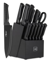 Knife Set, 15 Pcs Kitchen Knife Set with Block Self Sharpening, Dishwasher Safe, 6 Steak Knives, Anti-slip handle, Black Hundop