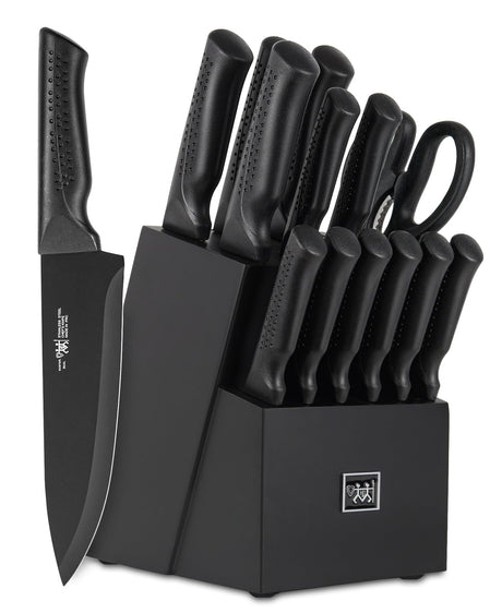 Knife Set, 15 Pcs Kitchen Knife Set with Block Self Sharpening, Dishwasher Safe, 6 Steak Knives, Anti-slip handle, Black Hundop