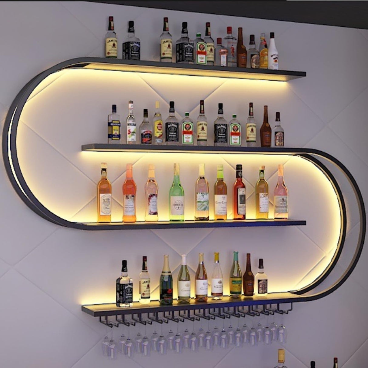 amhricho 59 Wall Mounted Wine Rack, Half Round Multi Tier Wine Rack with Wine Glass Hooks, Iron Wine Bottle Display Rack for Kitchen, Bar, Cafe(Bulbs Not Included) (Black, 59INCH) amhricho