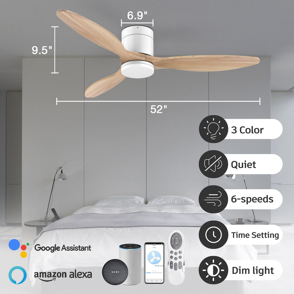 52”Smart Wood Flush Mount Ceiling Fans with Lights Remote,Quiet DC Motor,Ultra Low Profile Ceiling Fan Compatible with Alexa Google Voice App,Outdoor Indoor Modern White Ceiling Fan for Bedroom Patio cumilo