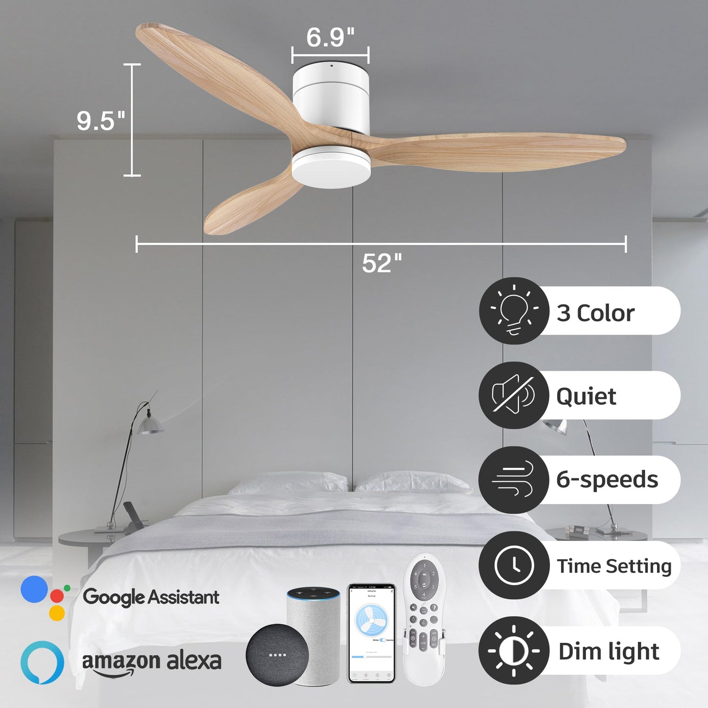 52”Smart Wood Flush Mount Ceiling Fans with Lights Remote,Quiet DC Motor,Ultra Low Profile Ceiling Fan Compatible with Alexa Google Voice App,Outdoor Indoor Modern White Ceiling Fan for Bedroom Patio