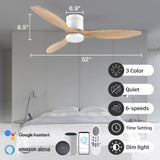52”Smart Wood Flush Mount Ceiling Fans with Lights Remote,Quiet DC Motor,Ultra Low Profile Ceiling Fan Compatible with Alexa Google Voice App,Outdoor Indoor Modern White Ceiling Fan for Bedroom Patio cumilo
