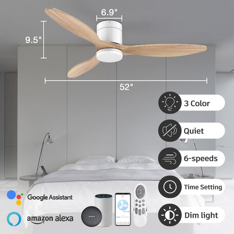 52”Smart Wood Flush Mount Ceiling Fans with Lights Remote,Quiet DC Motor,Ultra Low Profile Ceiling Fan Compatible with Alexa Google Voice App,Outdoor Indoor Modern White Ceiling Fan for Bedroom Patio cumilo