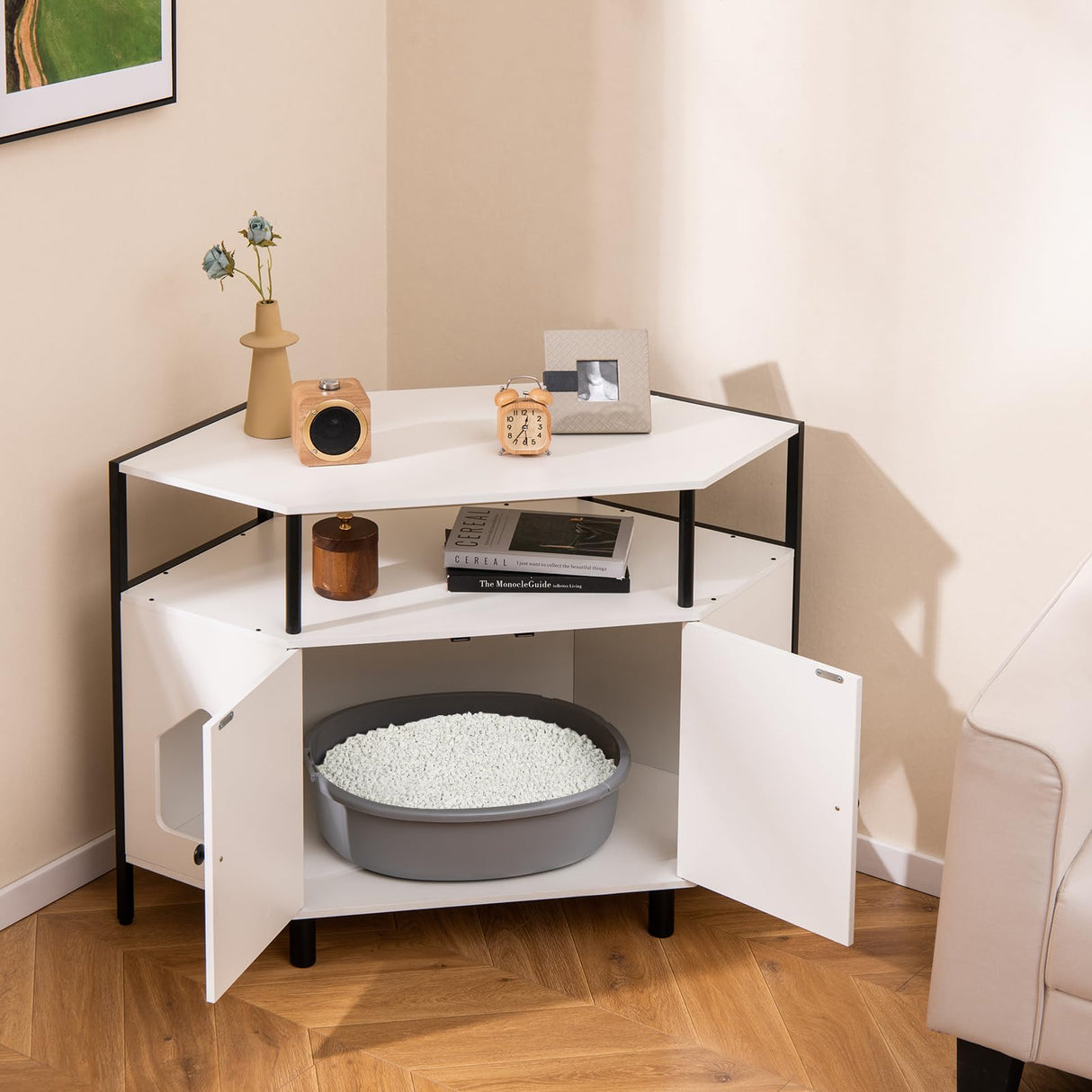 Tangkula Corner Litter Box Enclosure, Double Enclosed Litter Box Furniture with Open Shelf, 2 Entrances, Hidden Cat Washroom, Large Cat Box Cabinet for Indoor Cats (White) Tangkula