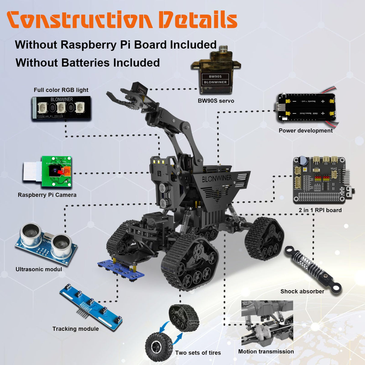 Smart Robot Kit, Robot Building Car kit for Raspberry Pi Python Coding, STEM Programming Robotic Arm Kit with Camera (Not Included Raspberry Pi Board) BLONWINER