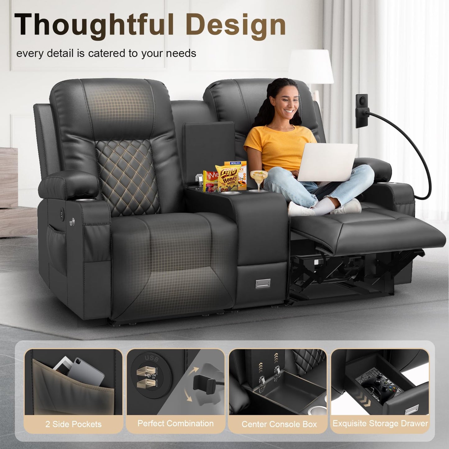 YONISEE Large Loveseat Recliner, Loveseat Recliner Sofa with Storage Console, Recliner Chair with USB Ports, 2 Cell Phone Holders, Cup Holder, Loveseat Couch for Living Room