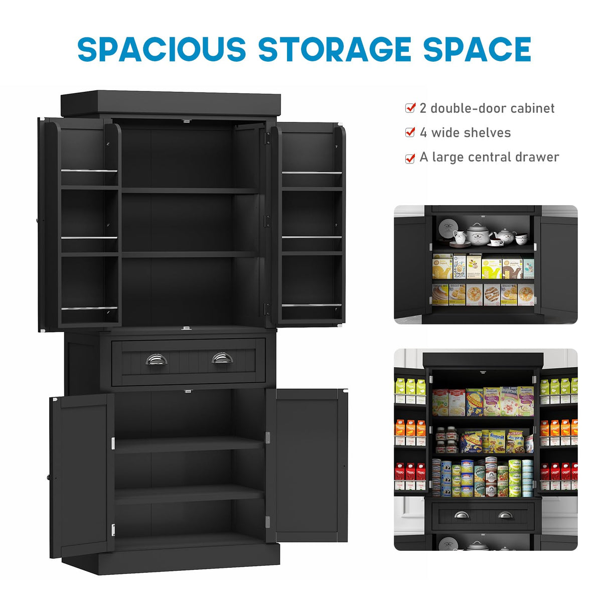 Squireewo 72" Freestanding Kitchen Pantry Storage Cabinet with Doors and 6 Hanging Shelves,Storage Cupboard with Large Drawer for Kitchen,Bathroom or Hallway,Black Squireewo