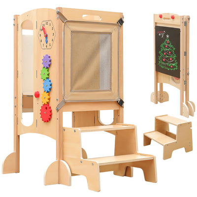JUZBOT Toddler Tower, Foldable Toddler Kitchen Stool Helper with 2 Step Stool, Wooden Toddler Stool with Safety Net, Adjustable Height, Chalk-Whiteboard& Montessori Activity Games