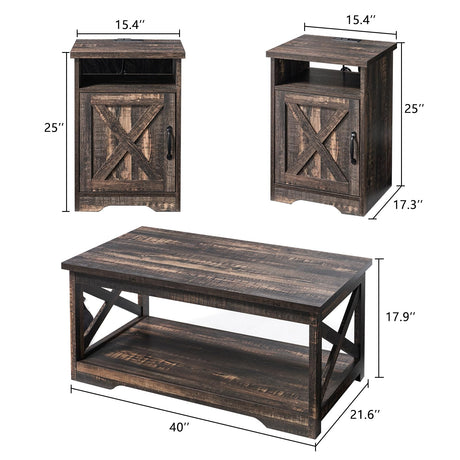AMERLIFE 3-Piece Farmhouse Table Set Includes Coffee Table& Two End Tables, Side Table with Charging Station and USB Ports, for Living Room, Bedroom,Dark Oak AMERLIFE