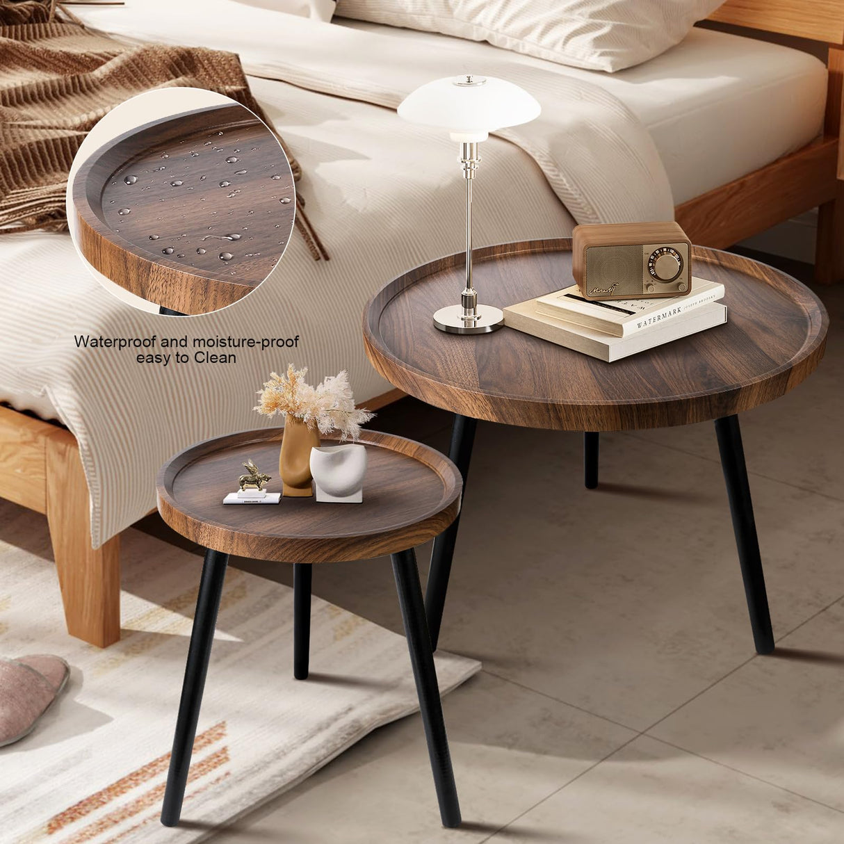 Nesting Coffee Table Set of 2, Modern Round Coffee Tables Nesting Side Table Set, Easy Assembly Nesting Tables for Living Room, Walnut Wood End Tables for Home Office Yard Dongxw