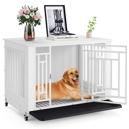 YITAHOME Dog Crate Furniture, 38.2" Heavy Duty Dog Cage, Wooden Side End Table with Wheels, Chew-Resistant Metal Dog Kennel with Removable Tray, Dog House Indoor for Small Medium Dogs, White - WoodArtSupply