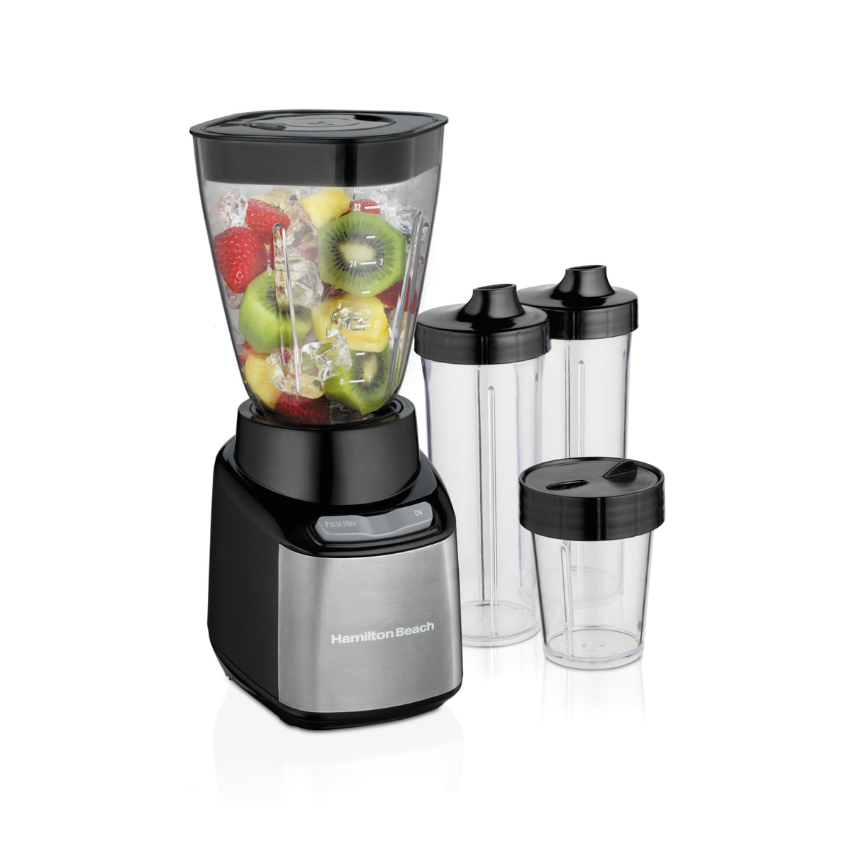 Hamilton Beach MultiBlend Smoothie Blender with 4 Shatterproof BPA Free Jars and Lids; Large 32oz Jar, 8oz Grinder for Nuts & Spices, and 2 Portable Travel Cups, 650 Watts, Black and Stainless (52400) Hamilton Beach