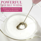 Paris Hilton Electric Handheld Milk Frother with Double Coil Head Whisk and Gold Metal Stand, Battery Powered (2 AA Batteries Required but Not Included), Pink Sparkle Finish Paris Hilton