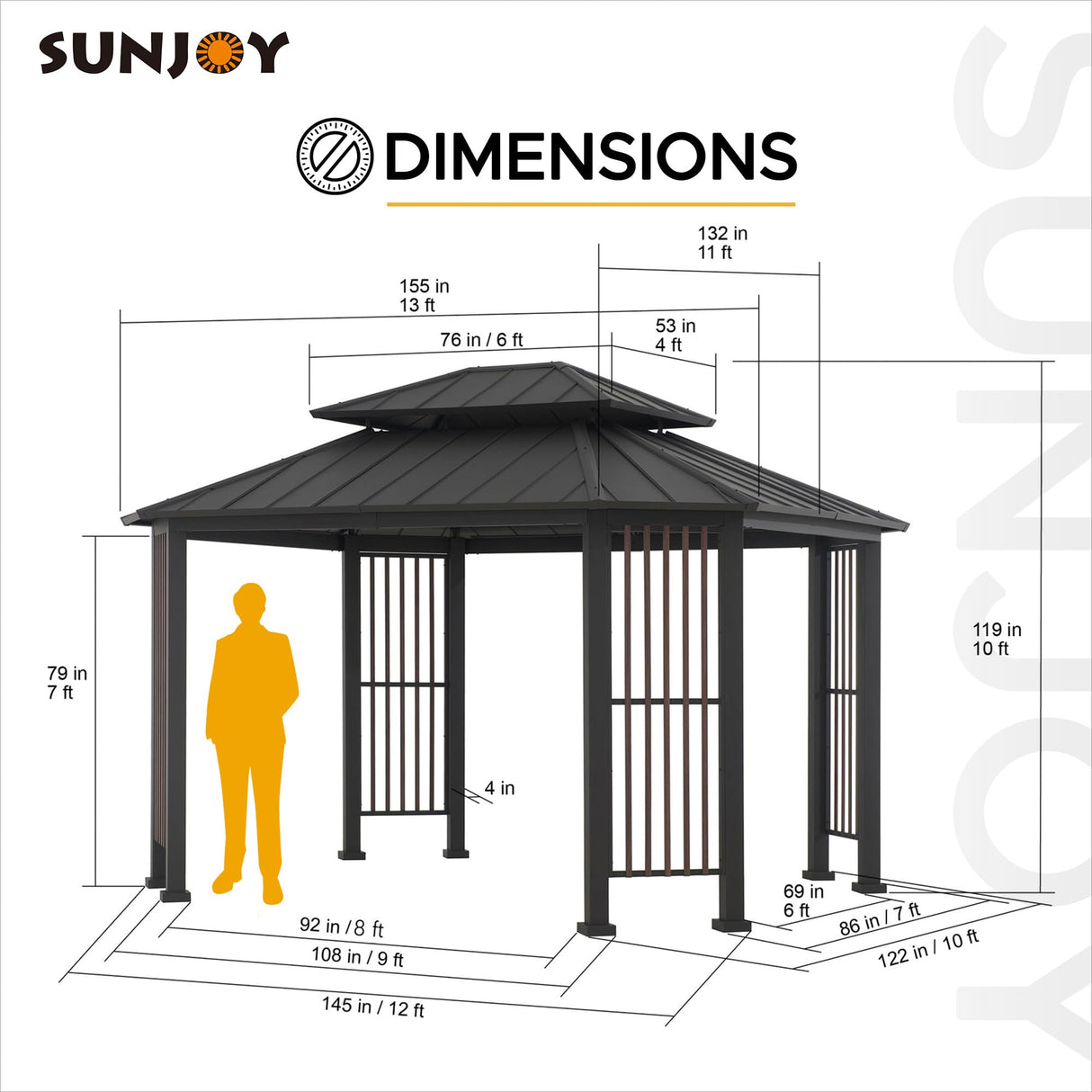 Sunjoy 11 x 13 ft. Hardtop Gazebo Outdoor 2-Tier Steel Hardtop Metal Gazebo with Dual Rails and Ceiling Hook, Suitable for Patio & Backyard by SummerCove, Grey Sunjoy