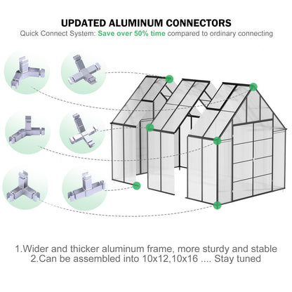 CDCASA 12x10x10 FT Greenhouse for Outdoors, Easy Assembly Large Aluminum Heavy Duty Polycarbonate Greenhouses Kit w/2 Vent Window, Swing Door, Walk-in Green House for Sunroom Patio, Backyard, Garden