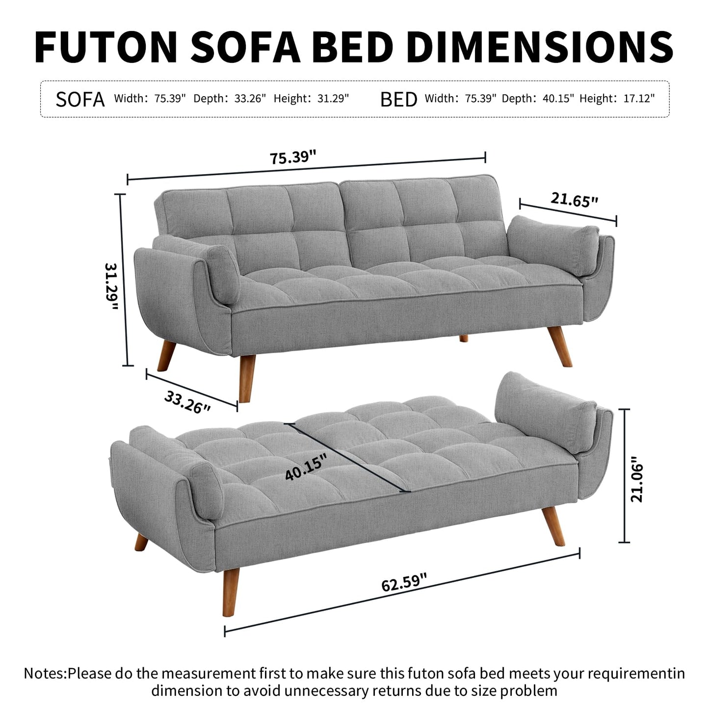 Homies Life Convertible Futon Sofa Bed, Linen Sleeper Couch, 75" W Modern 3 Seater Tufted Sofa with Adjustable Backrests and Solid Wood Legs for Living Room, Bedroom, Small Space, Gray - WoodArtSupply