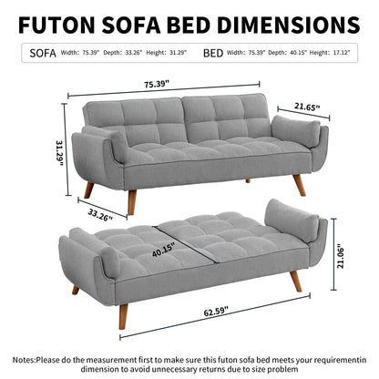 Homies Life Convertible Futon Sofa Bed, Linen Sleeper Couch, 75" W Modern 3 Seater Tufted Sofa with Adjustable Backrests and Solid Wood Legs for Living Room, Bedroom, Small Space, Gray - WoodArtSupply