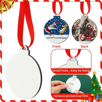 Suzile 36 Pieces Christmas Sublimation Ornament Blanks MDF Sublimation Ornaments Double Sided Personalized Pendants Christmas DIY Hanging Ornament with Red Ribbon for Christmas Wedding Home Decor