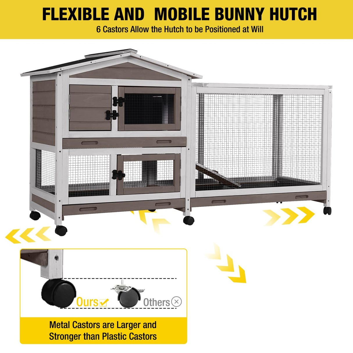 Aivituvin Rabbit Hutch 62" Rabbit Cage Indoor Outdoor Chicken Coop Guinea Pig Cage on Wheels Bunny Cage with 3 Deep No Leakage Pull Out Tray,Waterproof Roof (Brown) Aivituvin