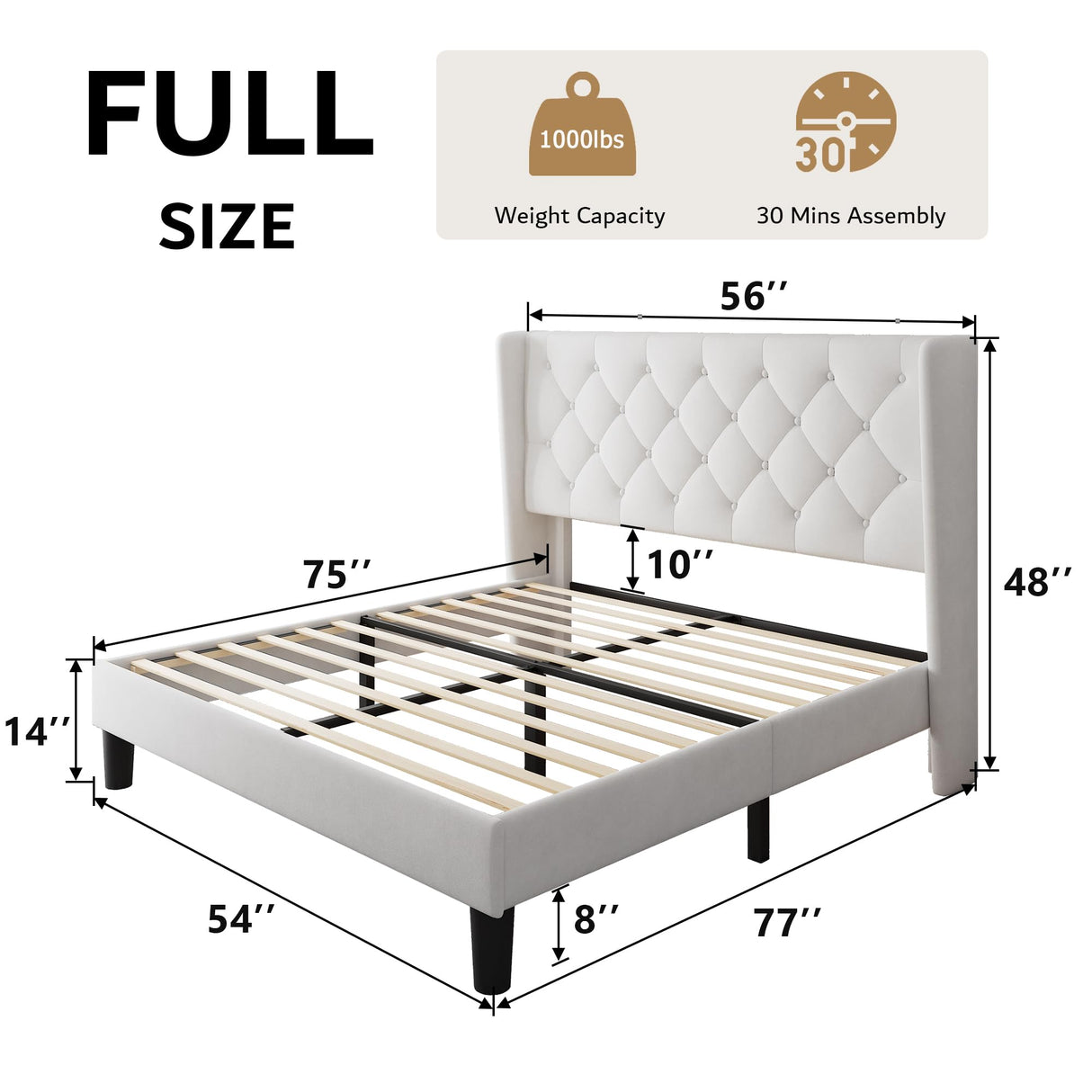 iPormis Full Size Velvet Platform Bed Frame with Button Tufted Headboard, Upholstered Bed Frame with Solid Wooden Slats, 8" Underbed Space, No Box Spring Needed, Noise Free, Easy Assembly, White iPormis