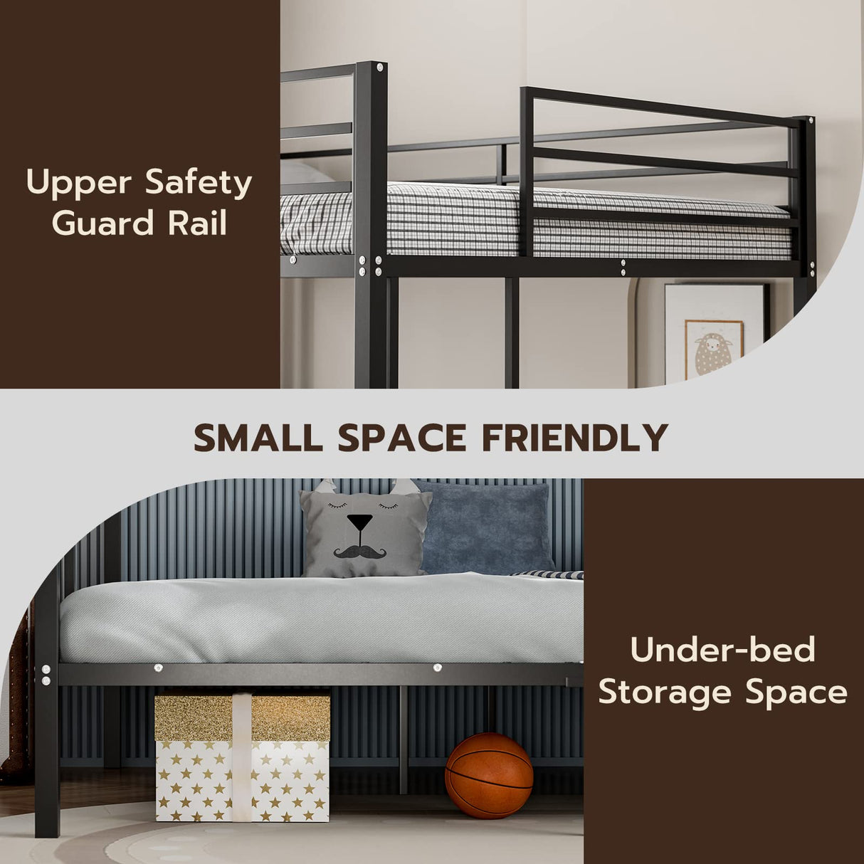 IKIFLY Full Over Full Bunk Beds with LED Lights and Charging Station, Heavy Duty Metal Full Size Bunk Bed Frame, Safety Guardrail & 2 Ladders, Space-Saving Design, No Box Spring Needed, Black IKIFLY