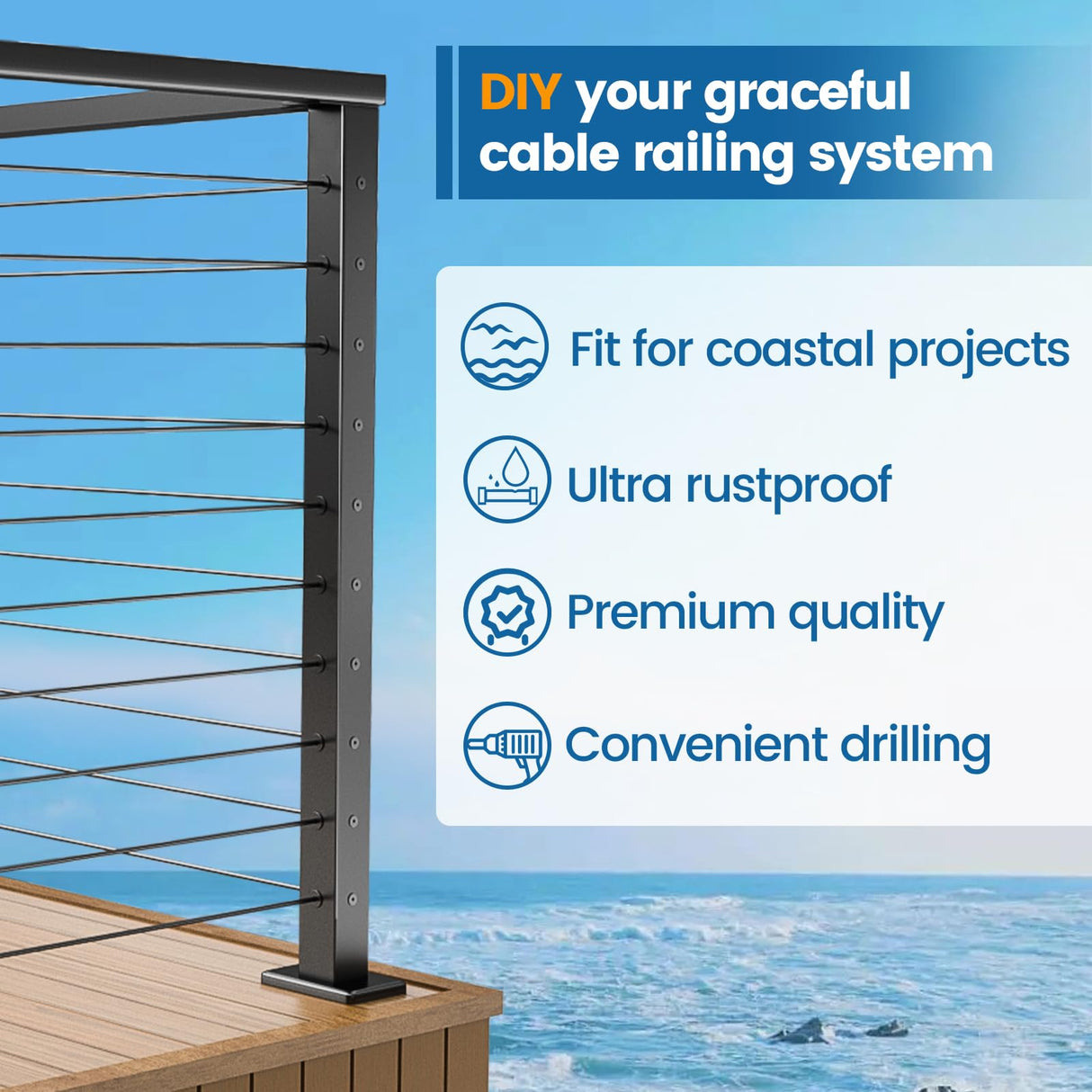 Muzata Aluminum Black Corner Cable Railing Post 36 Inch 36"X2"x2" T-drilled One-Post Corner Solution Surface Mount Cable Railing System Kit Indoor Outdoor Seaside with User Guide PD02 B3AS Muzata