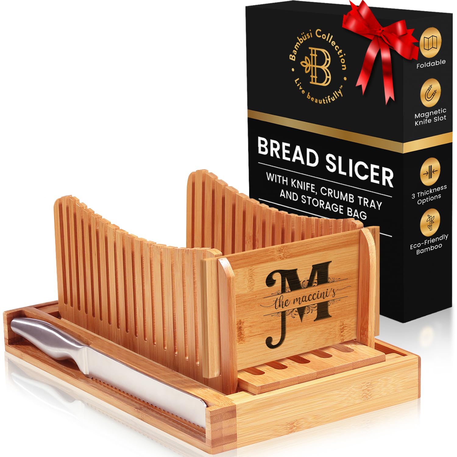 Bambüsi Personalized Bamboo Bread Slicer with Knife - 3 Slice Thickness, Foldable Compact Cutting Guide with Crumb Tray, Stainless Steel Bread Knife for Homemade Bread, Cake, Bagels - WoodArtSupply