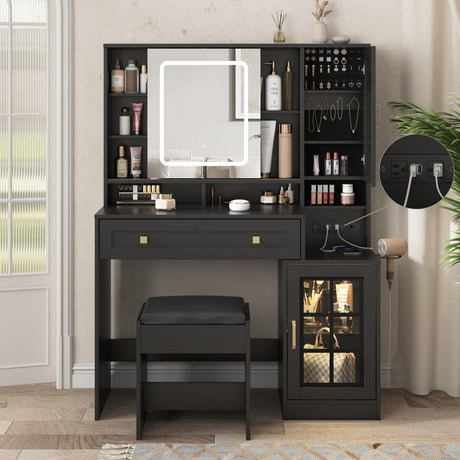 Vabches Vanity Desk with Sliding Mirror and Lights, 41.8'' Black Makeup Vanity Table with Jewelry Storage & Charging Station, Stool, Large Drawer, Visual Cabinet, 3 Lighting Modes, Adjustable Shelves Vabches