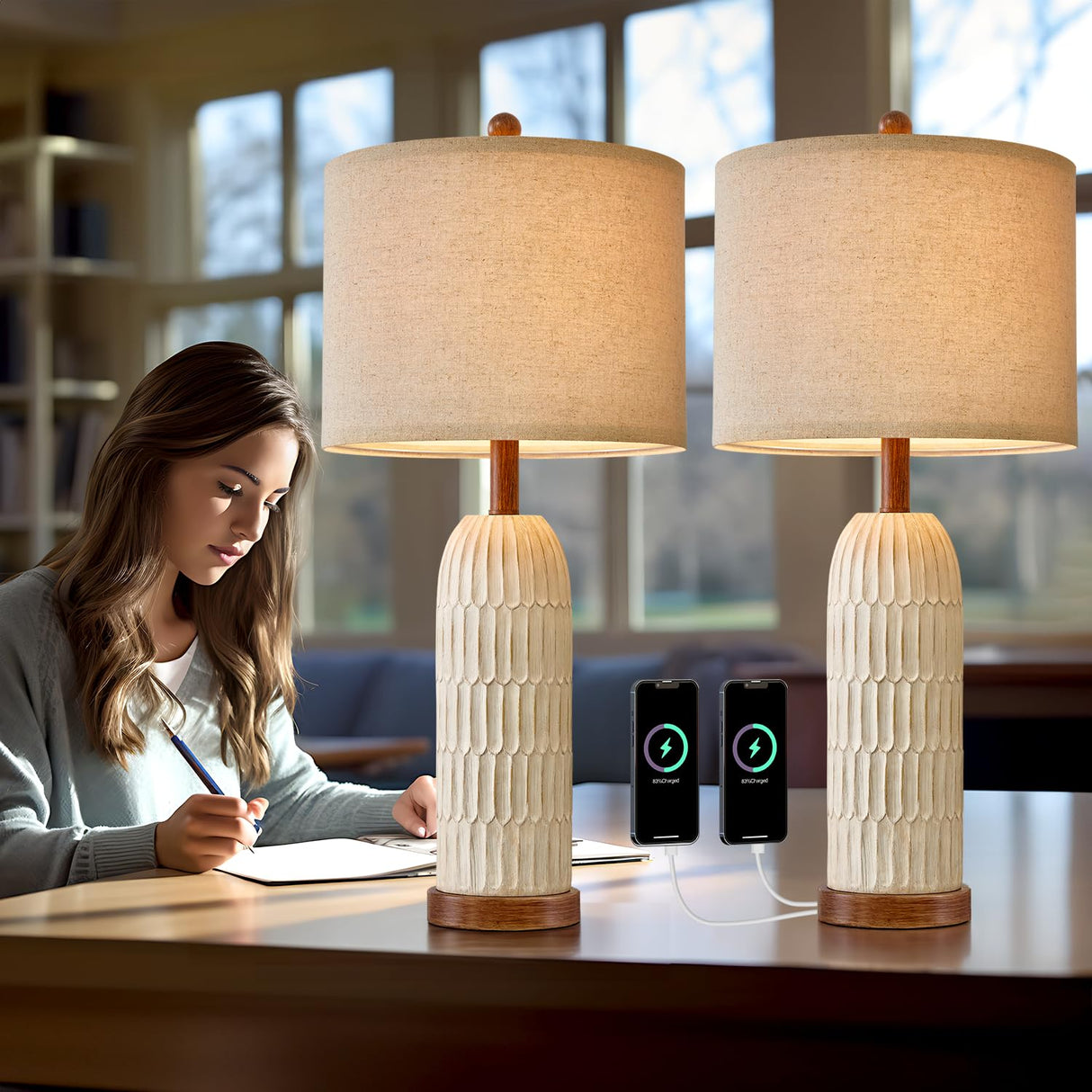 OYEARS 26.5" Table Lamp Set of 2 for Bedroom Living Room with USB A+C Charging Ports Modern Farmhouse Bedside End Lamps Rustic Nightstand Lamps,Brown OYEARS