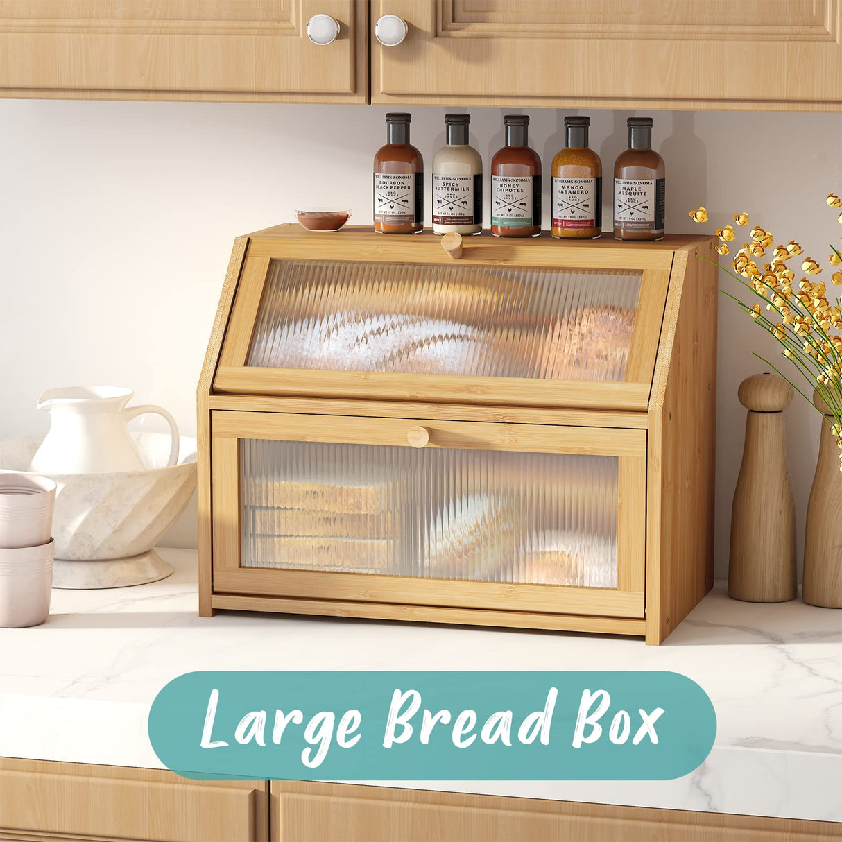 Vriccc Large Bread Box for Kitchen Counter,Bamboo Wood Double Layer Bread Box for Kitchen Counter, Wooden Capacity Bread Storage Bin Vriccc