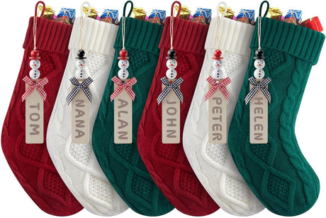 Personalized Christmas Stockings - 18 Inches Hanging Stockings with DIY Snowman Name Tags, 6 Pack Large Size Knitted Stockings for Mantels, Christmas Tree Family Holiday Decor, Red Green White Minetom