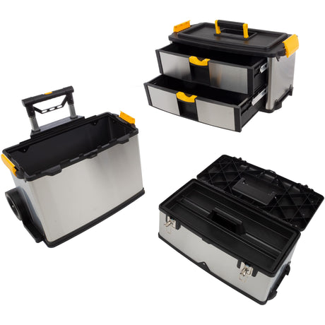 3-Part Portable Tool Box - Stainless-Steel Drawer Organizer with Wheels, Extendable Handle and Tough Latches - Rolling Tool Chest by Stalwart (Silver) Stalwart